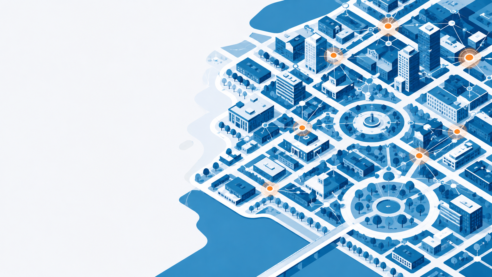 Ilustração de um mapa isométrico da cidade com pontos conectados por uma rede de integração.